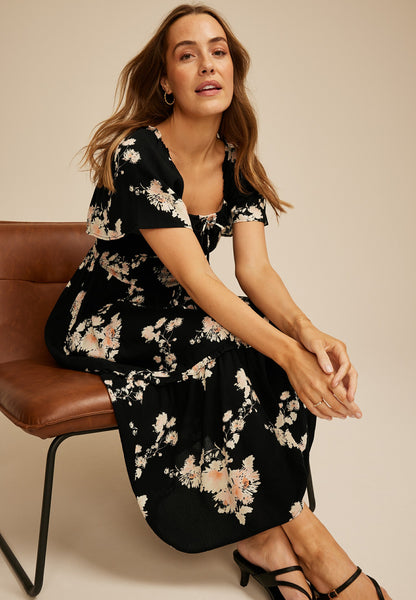 Floral Smocked Flutter Sleeve Midi Dress