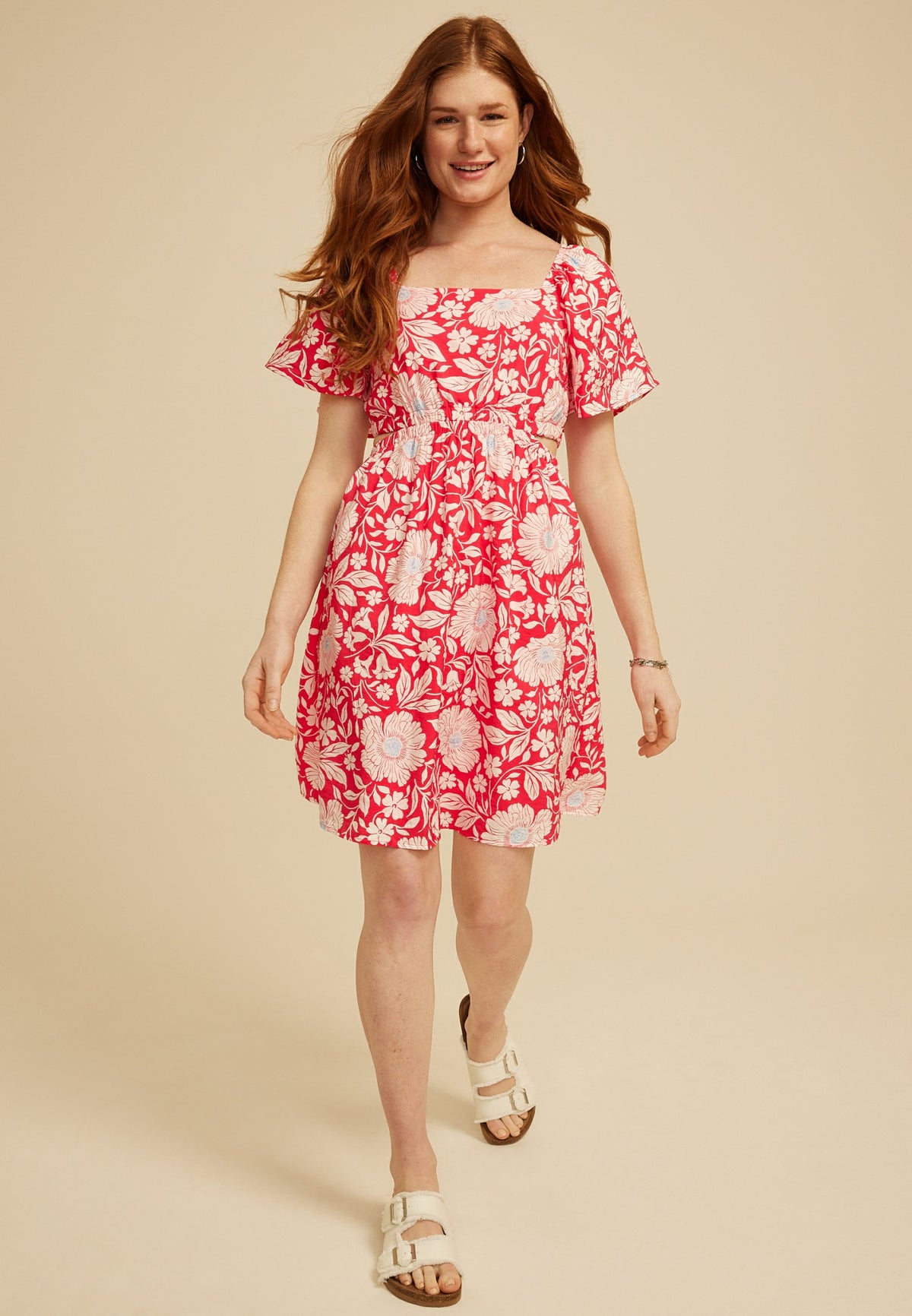 Floral Side Cutout Flutter Sleeve Mini Dress