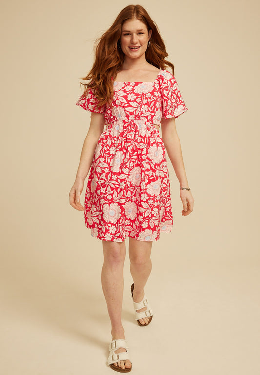 Floral Side Cutout Flutter Sleeve Mini Dress