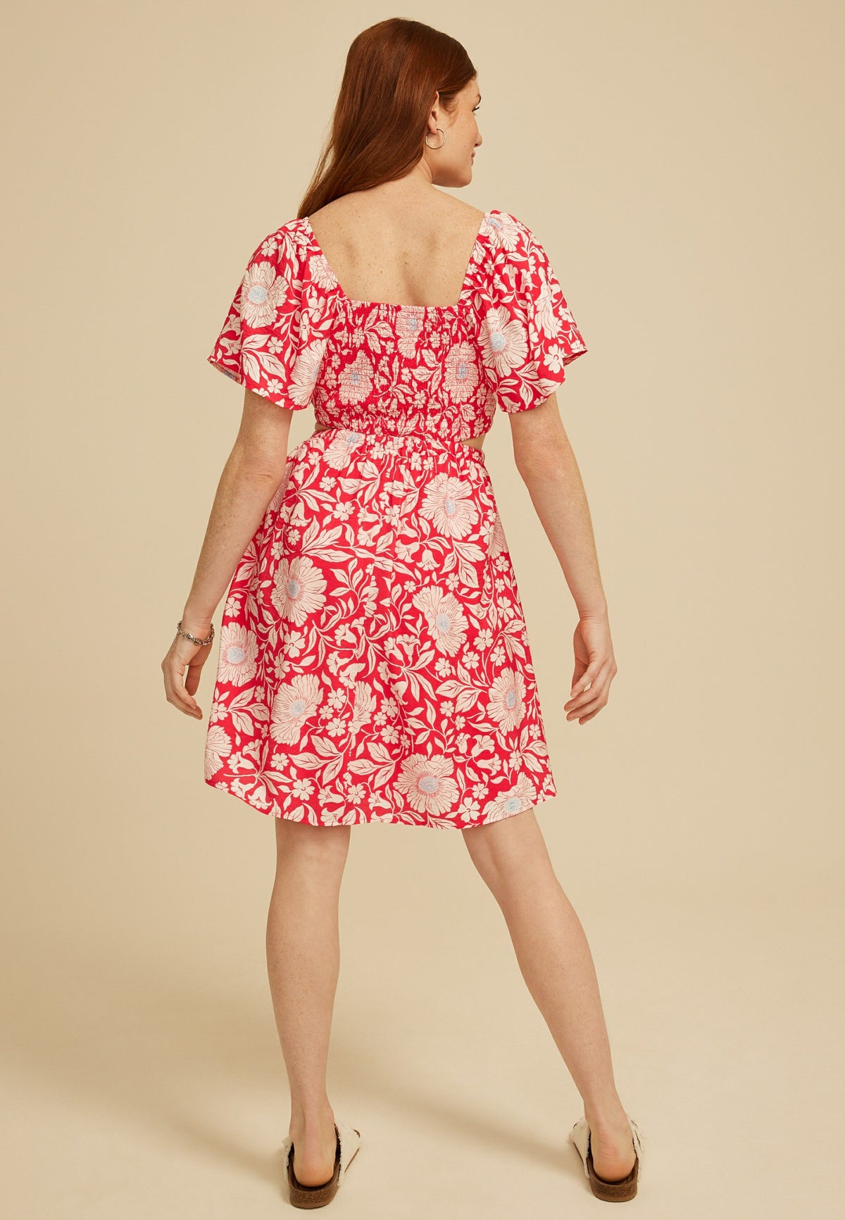 Floral Side Cutout Flutter Sleeve Mini Dress