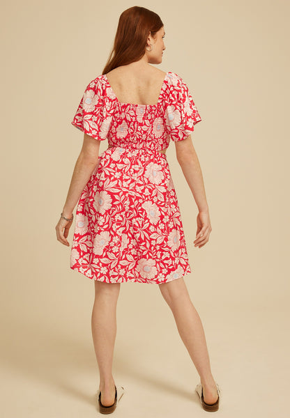 Floral Side Cutout Flutter Sleeve Mini Dress
