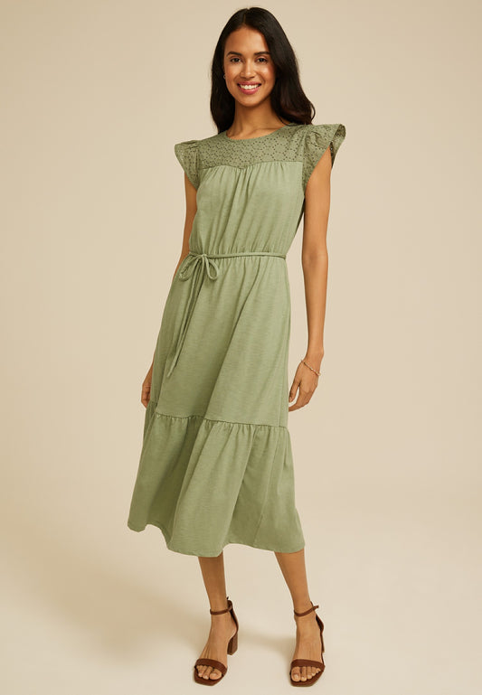 Flutter Sleeve Eyelet Tiered Midi Dress