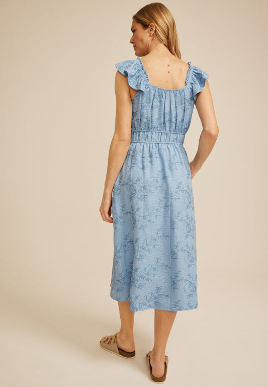 Chambray Embroidered Floral Micro Flutter Midi Dress