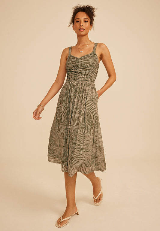 Bare Ruched Sweetheart Printed Mesh Midi Dress