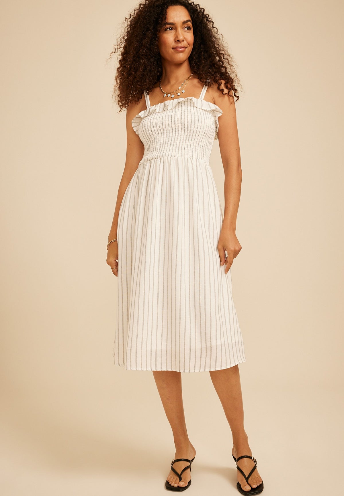 Bare Striped Ruffle Midi Dress