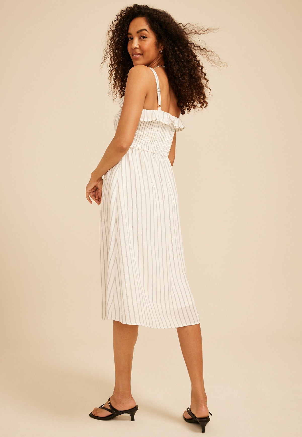 Bare Striped Ruffle Midi Dress