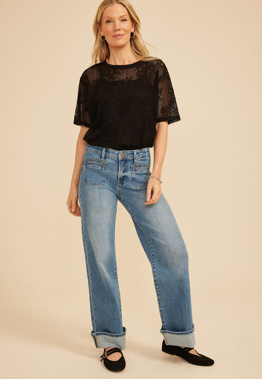 Risen Jeans®Mid Rise Tummy Control Panel Comfort Waist Wide Patch Pocket Leg Jean