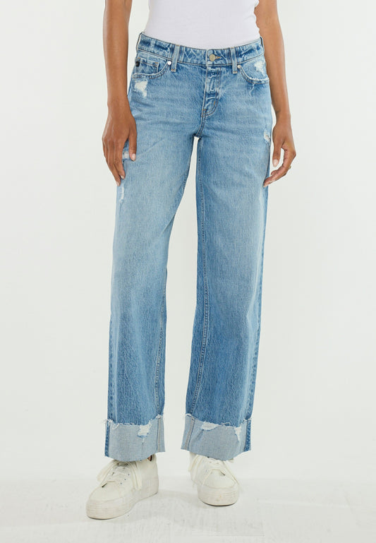 KanCan™ Mid Rise Raw Cuffed Hem Wide Leg Jean
