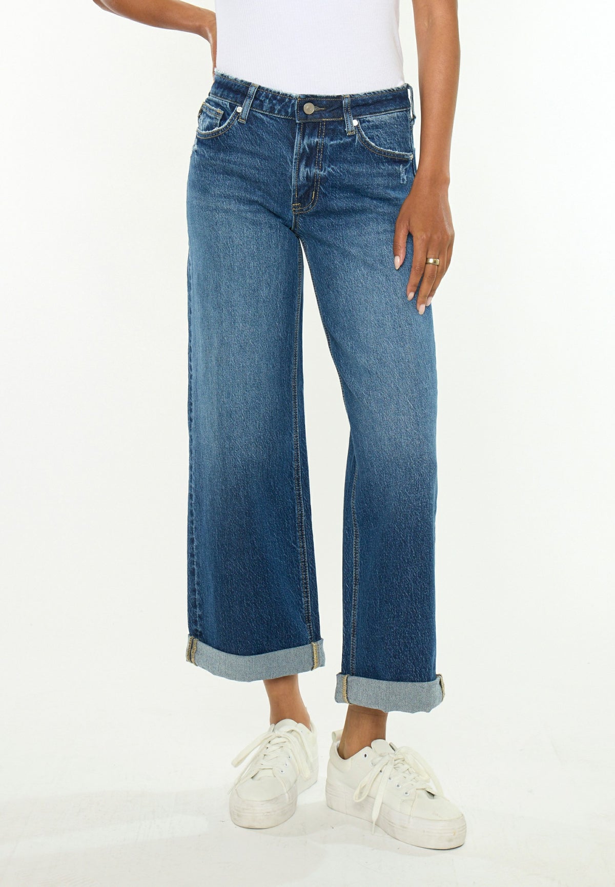 KanCan™ Mid Rise Mini Roll Hem Wide Leg Jean