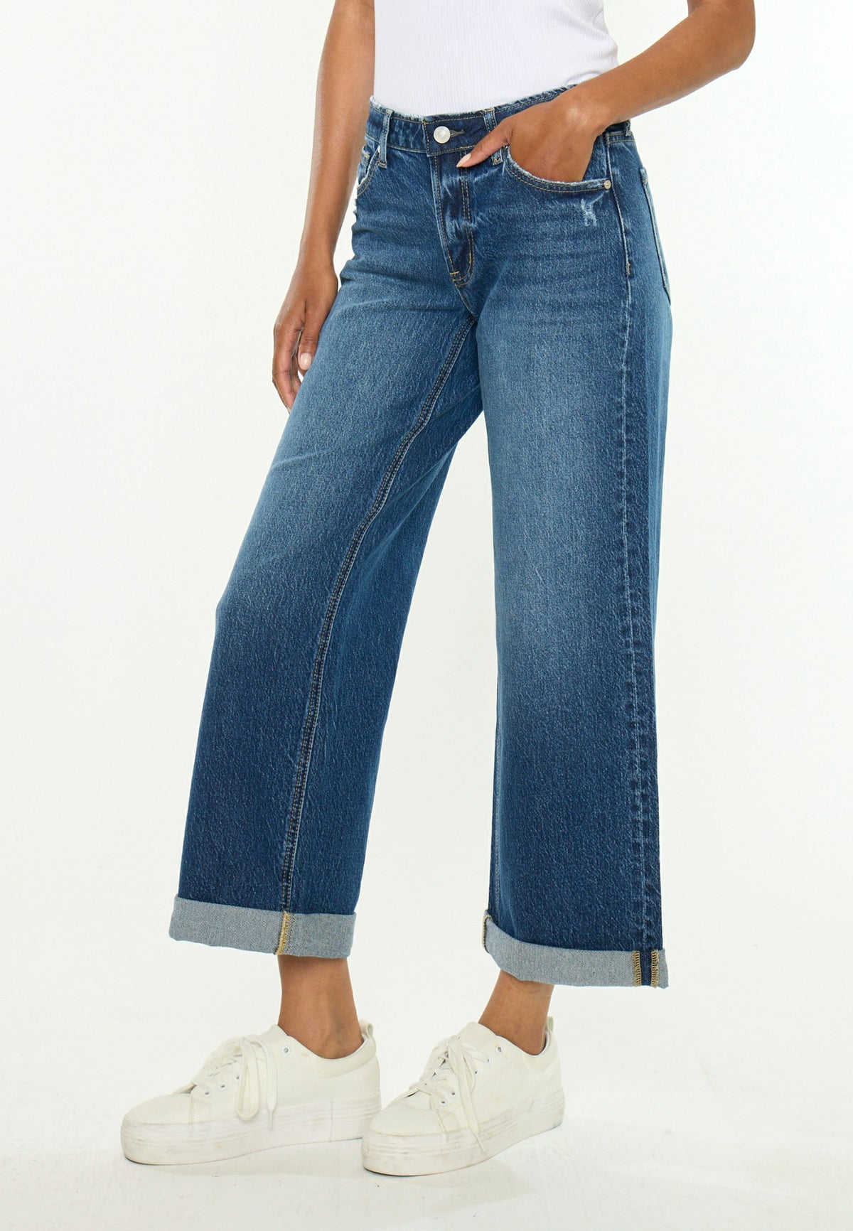 KanCan™ Mid Rise Mini Roll Hem Wide Leg Jean