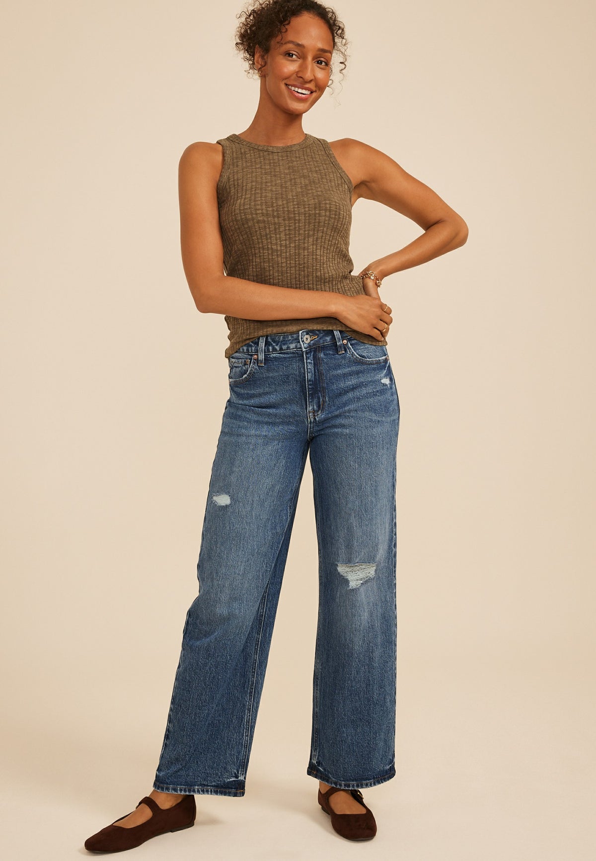 edgely™ High Rise Open Ripped Adjustable Waist Wide Leg Jean