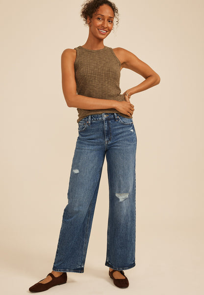 edgely™ High Rise Open Ripped Adjustable Waist Wide Leg Jean