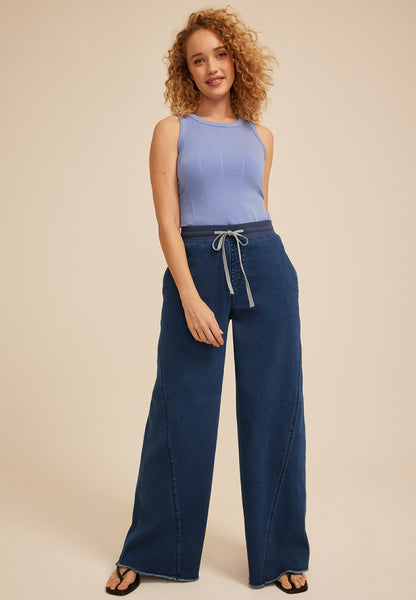 Dark Knit Seamed Pull On Wide Leg Jean