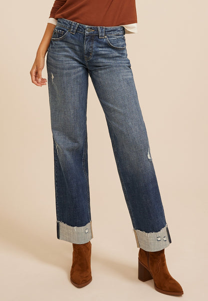 KanCan™ Mid Rise Ripped Cuffed Relaxed Straight Jeans