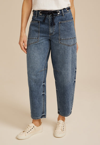 Grommet Waist High Rise Barrel Jean