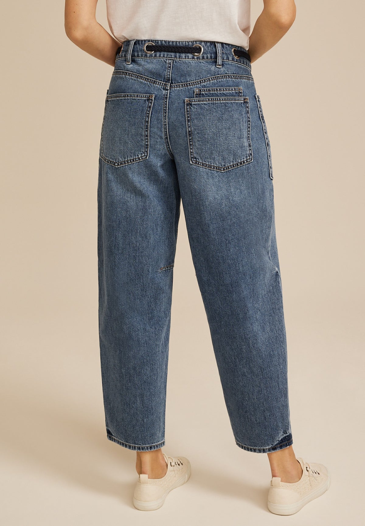 Grommet Waist High Rise Barrel Jean