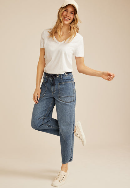 Grommet Waist High Rise Barrel Jean
