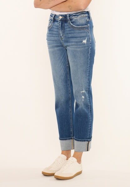 KanCan™ High Rise Seamed Pocket Cuffed Hem Straight Jean