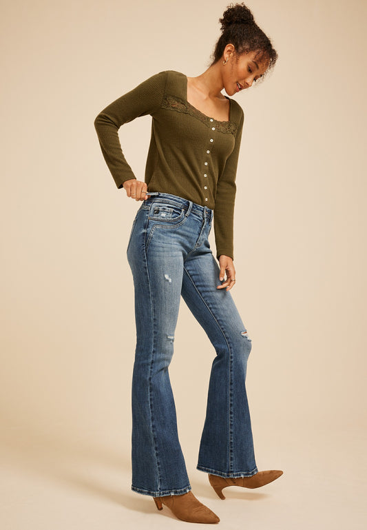 KanCan™ Mid Rise Western Pocket Stitch Ripped Flare Jean