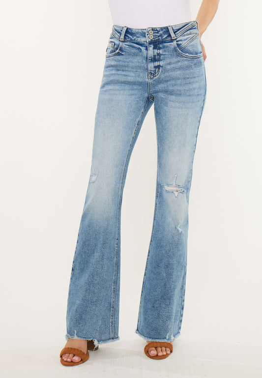 KanCan™ High Rise Double Button Fray Hem Flare Jean