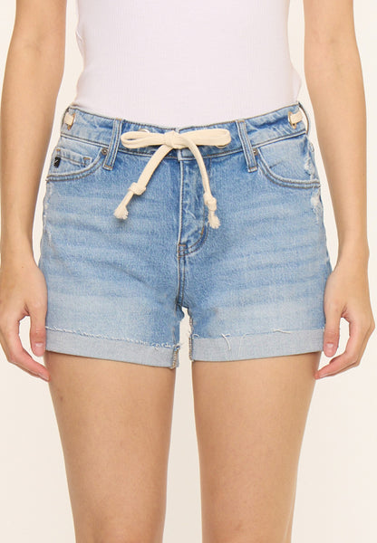 KanCan™ Mid Rise Tie Waist Raw Cuff 4in Short