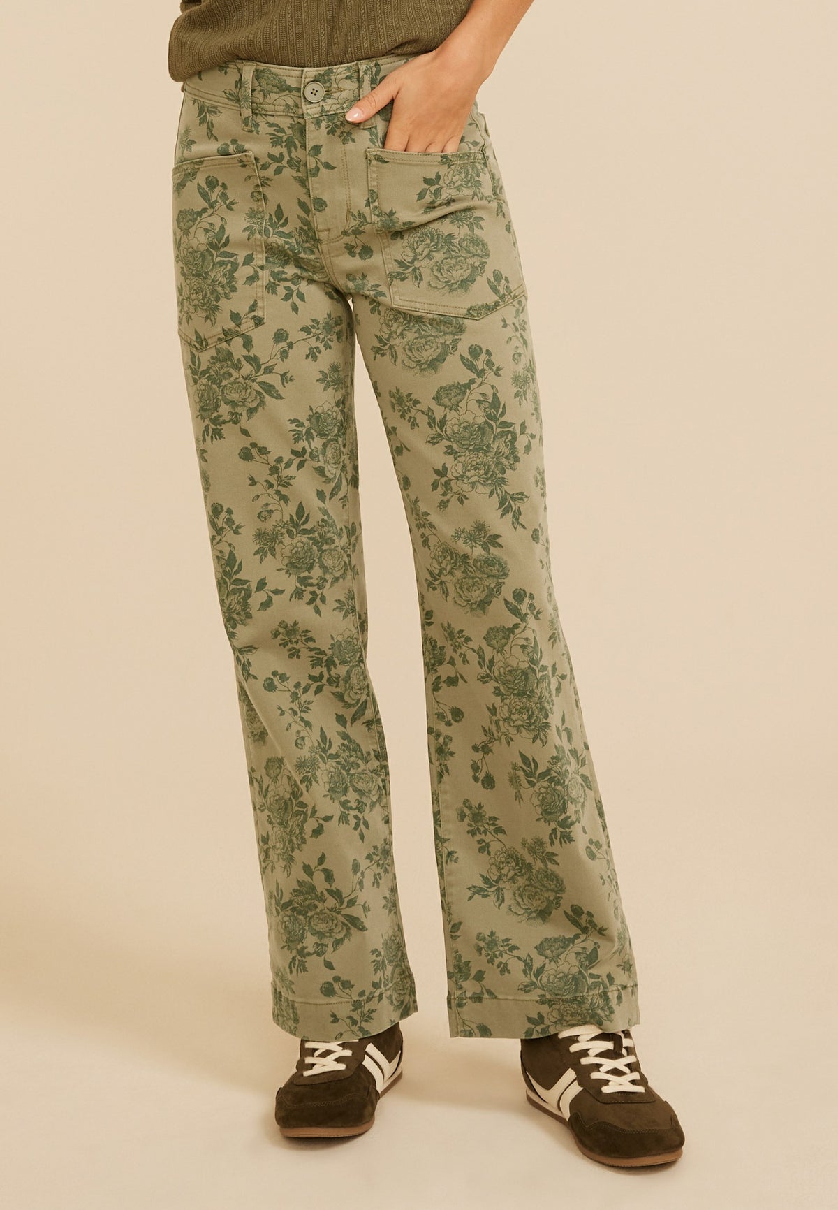 High Rise Floral Stretch Twill Wide Leg Pants