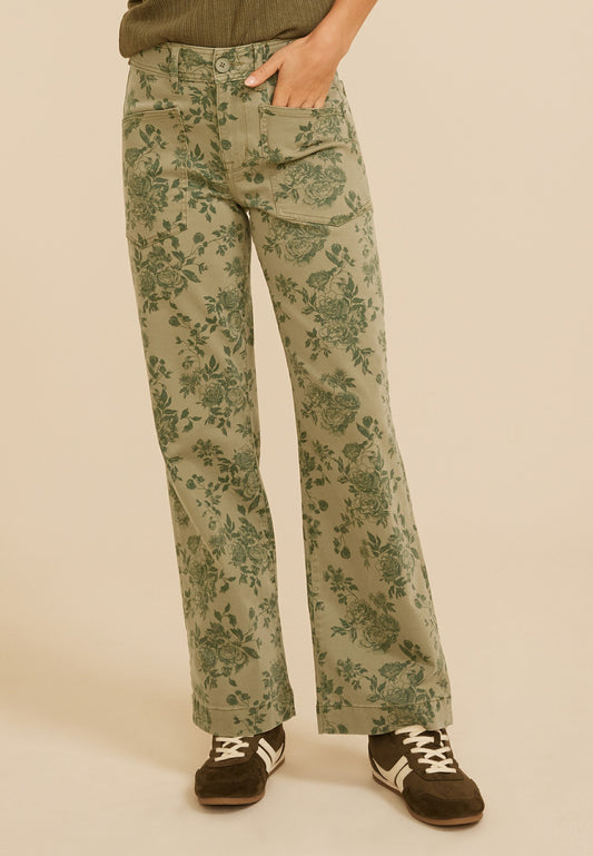 High Rise Floral Stretch Twill Wide Leg Pants