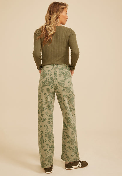 High Rise Floral Stretch Twill Wide Leg Pants