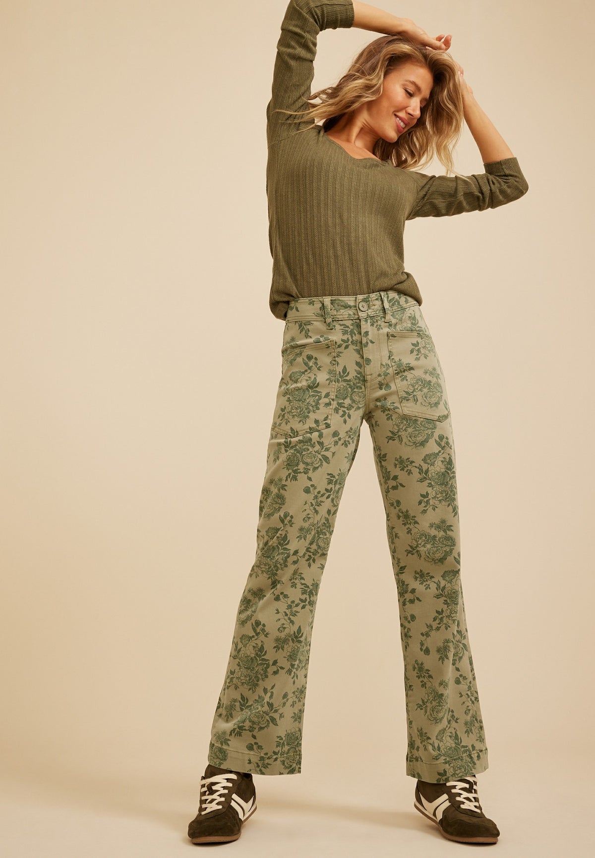High Rise Floral Stretch Twill Wide Leg Pants