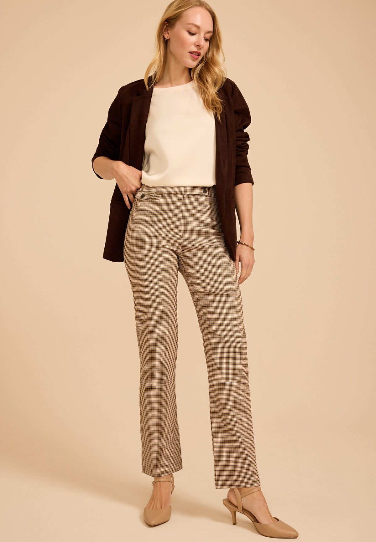 Plaid High Rise Tab Pocket Bengaline Straight Pant