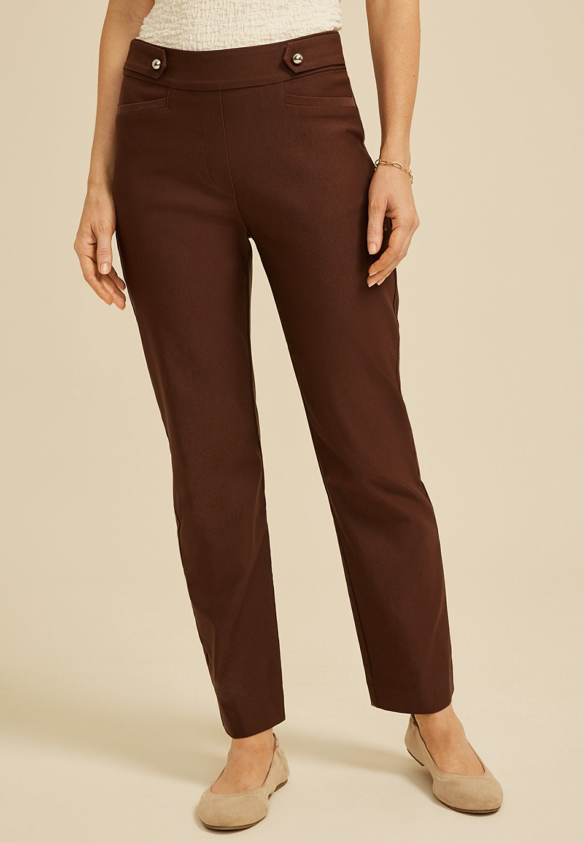 Sateen Bengaline Button Tab High Rise Straight Pant