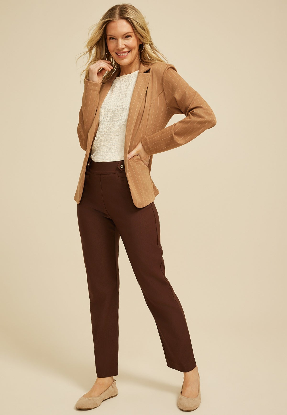 Sateen Bengaline Button Tab High Rise Straight Pant