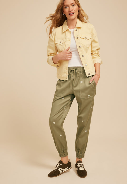 High Rise Floral Embroidered Patch Pocket Jogger