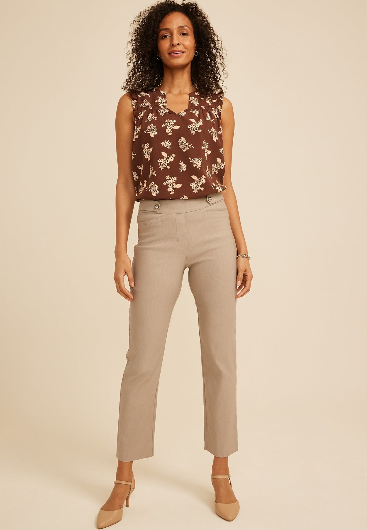 Sateen Bengaline Button Tab High Rise Straight Pant