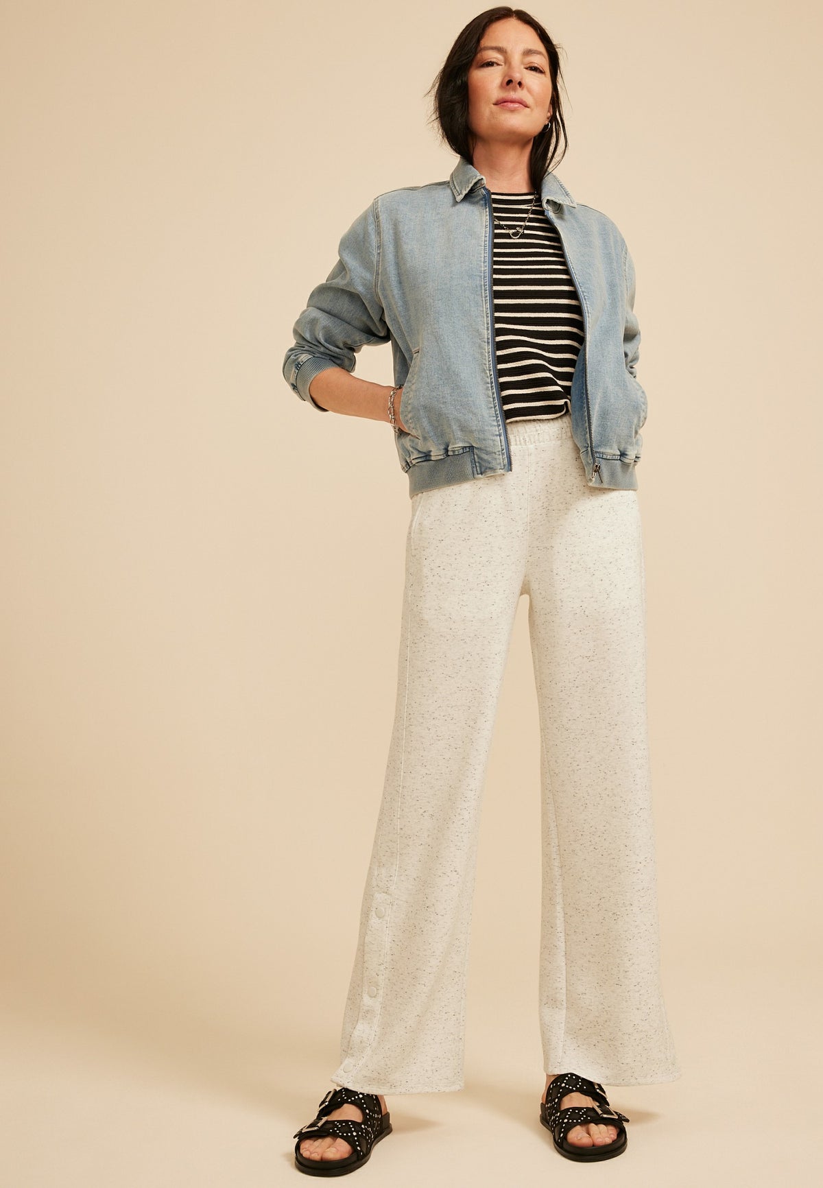 Speckled Cloud Scuba Knit High Rise Snap Button Wide Leg Pant