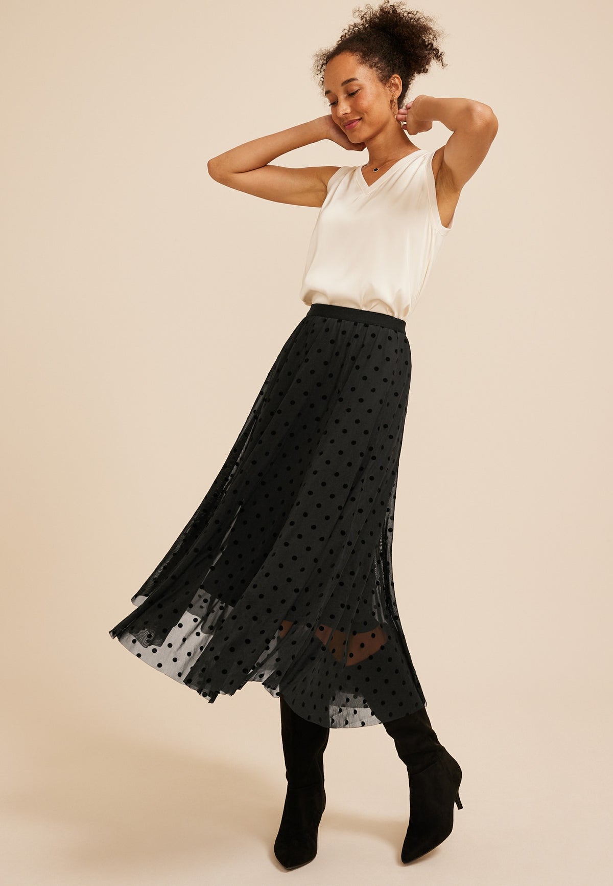 High Rise Mesh Dot Maxi Skirt