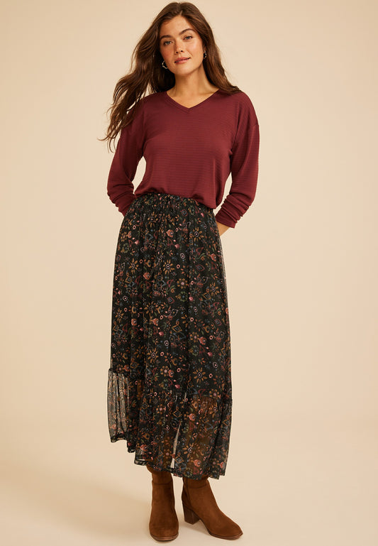 Printed High Rise Mesh Maxi Skirt