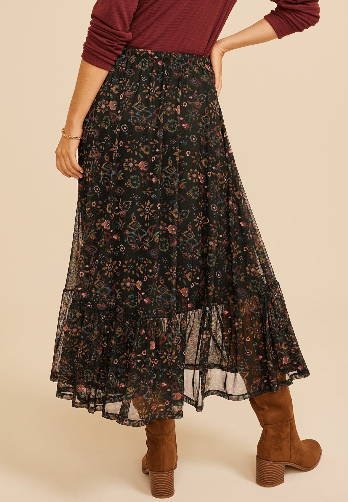 Printed High Rise Mesh Maxi Skirt