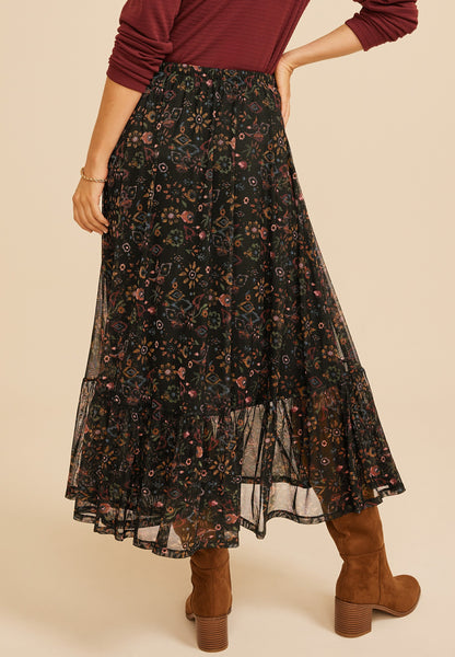Printed High Rise Mesh Maxi Skirt