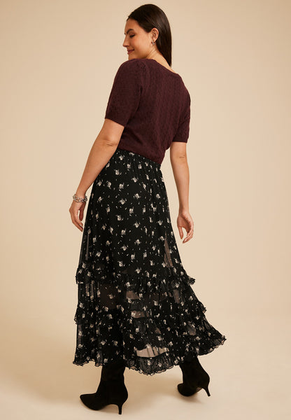 Floral Mesh Tiered Ruffle Maxi Skirt
