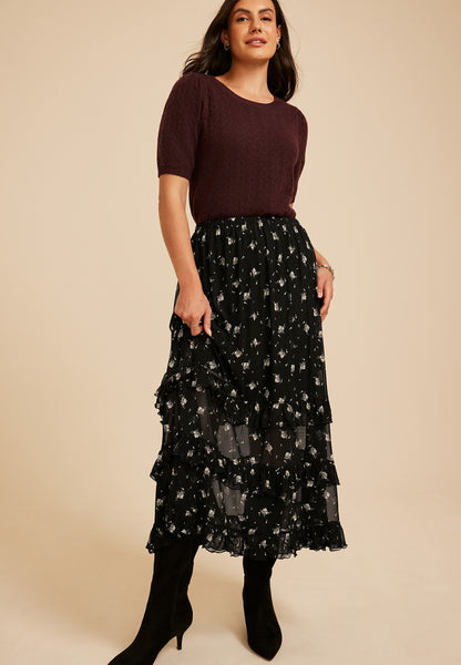 Floral Mesh Tiered Ruffle Maxi Skirt
