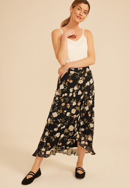 High Rise Floral Faux Wrap Maxi Skirt