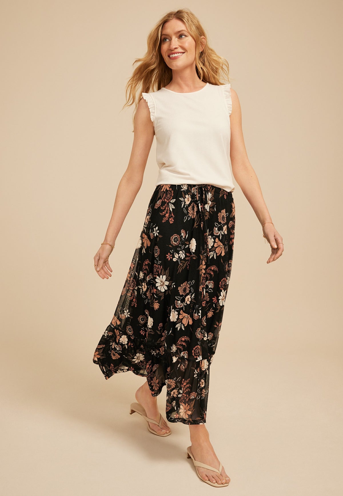 Mesh Printed Tiered Midi Skirt