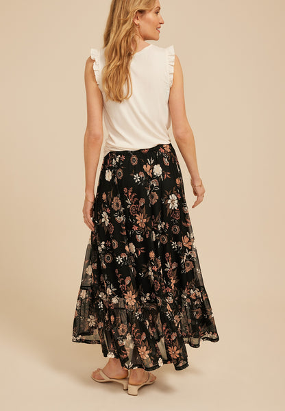 Mesh Printed Tiered Midi Skirt