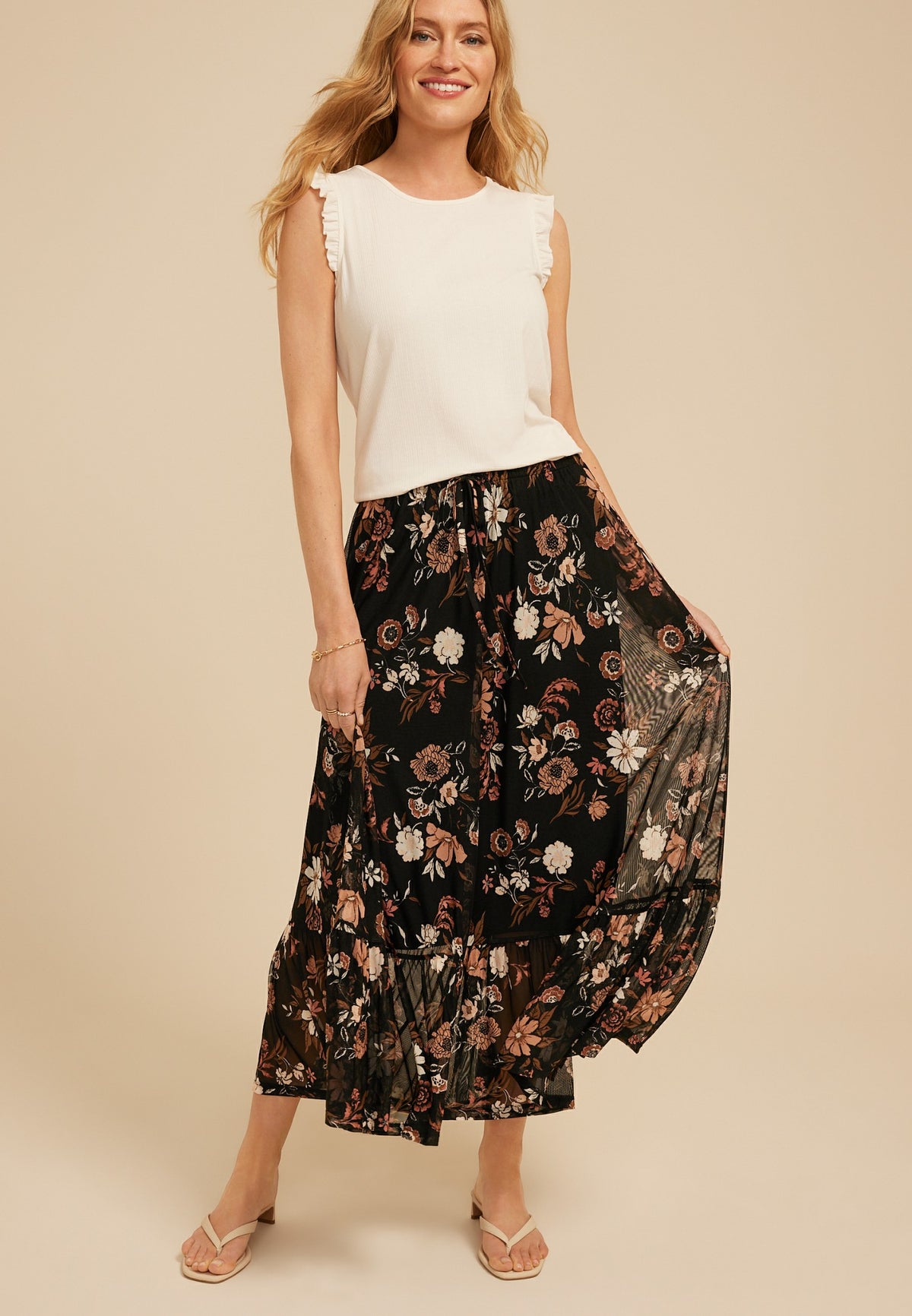 Mesh Printed Tiered Midi Skirt