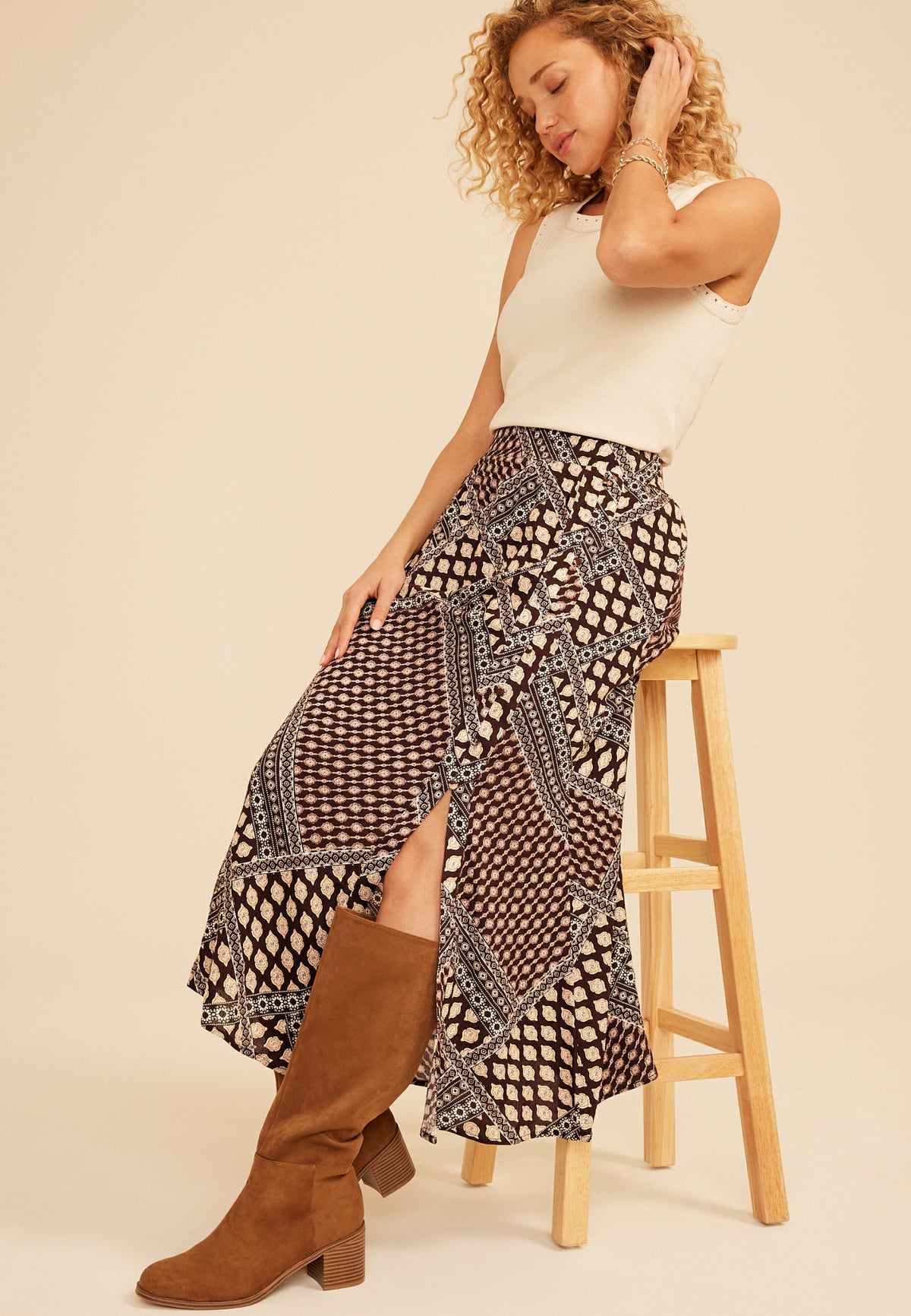 Floral Crinkle Gauze Side Button Slit Maxi Skirt