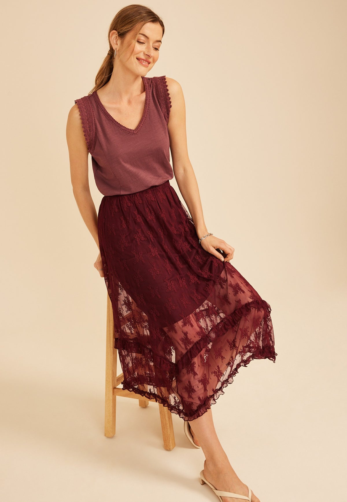 Floral Lace Hanky Hem Maxi Skirt