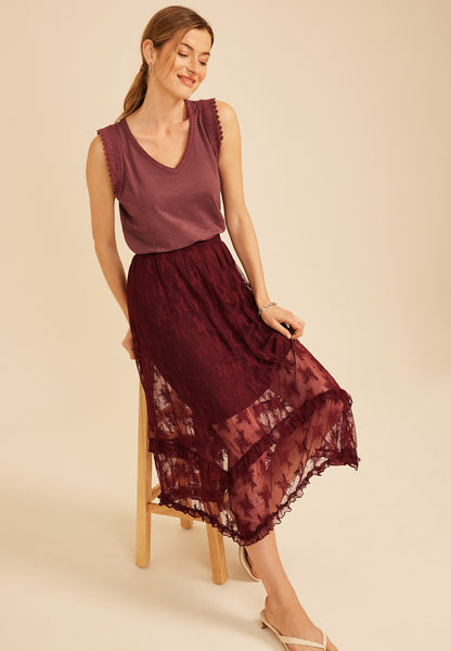 Floral Lace Hanky Hem Maxi Skirt