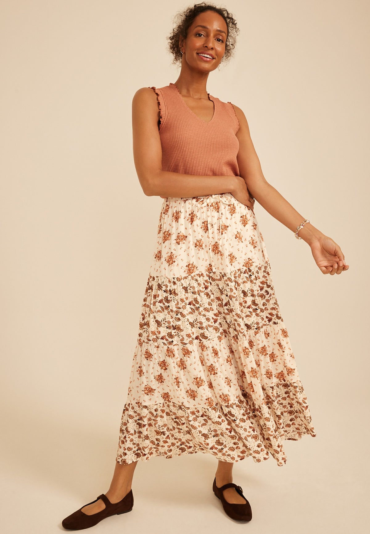 Mixed Floral Tiered Maxi Skirt