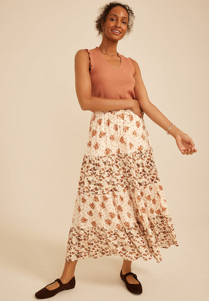 Mixed Floral Tiered Maxi Skirt